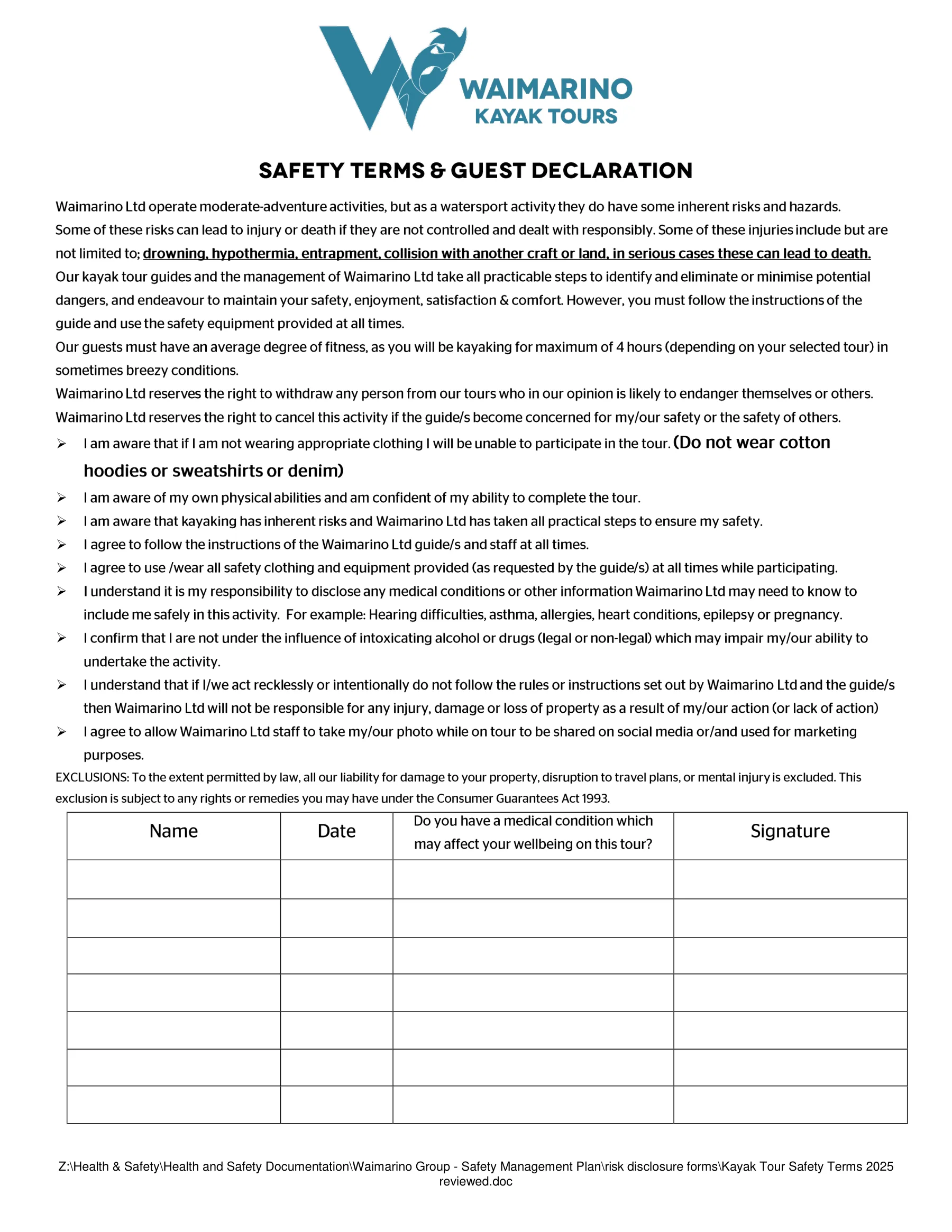 Kayak Tour Safety Terms, page 1 of 2