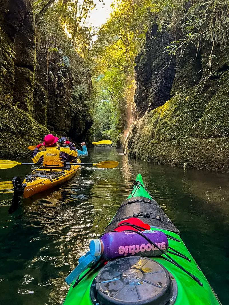 POV shot paddling through the narrow gorge at Lake McLaren Falls