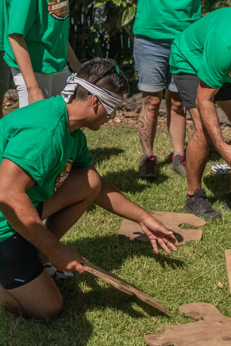 A blindfolded challenge on a team building day