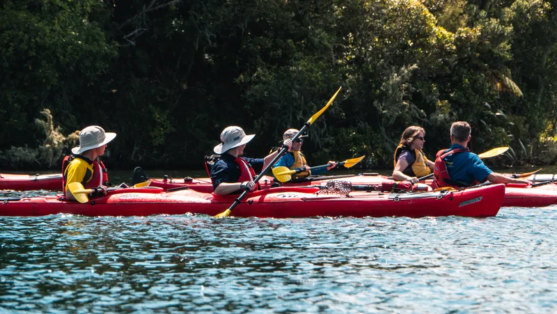A group of kayaks out on the Wairoa River